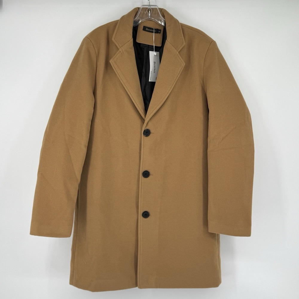 Beninos Men's L Camel Wool‎ Blend Overcoat Classic 3 Button Topcoat Pea Coat NWT
